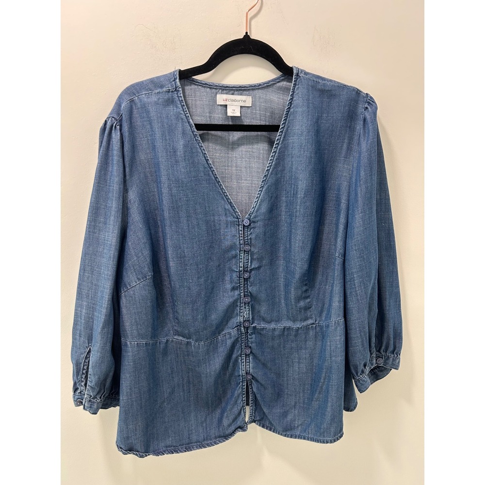 Liz Claiborne Blue 100% Lyocell Chambray Button Front Peplum Top Plus Size 1X